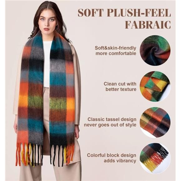 Womens winter plaid scarf oversized blanket wrap warm thick soft shawl scarf - Picture 2 of 7